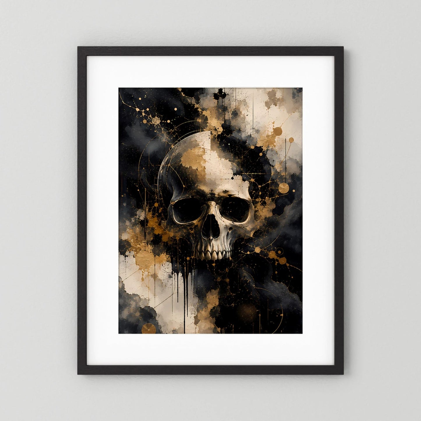Schwarz gerahmtes Totenkopf-Poster im Hochformat mit weißem Rand, schwarz, weiß und gold