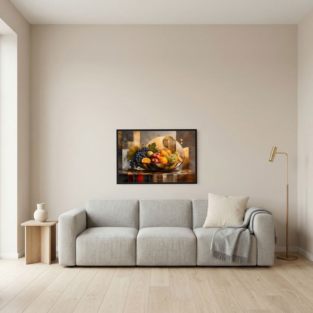 Wandposter mit Fruchtschale und Trauben im dunklen Rahmen