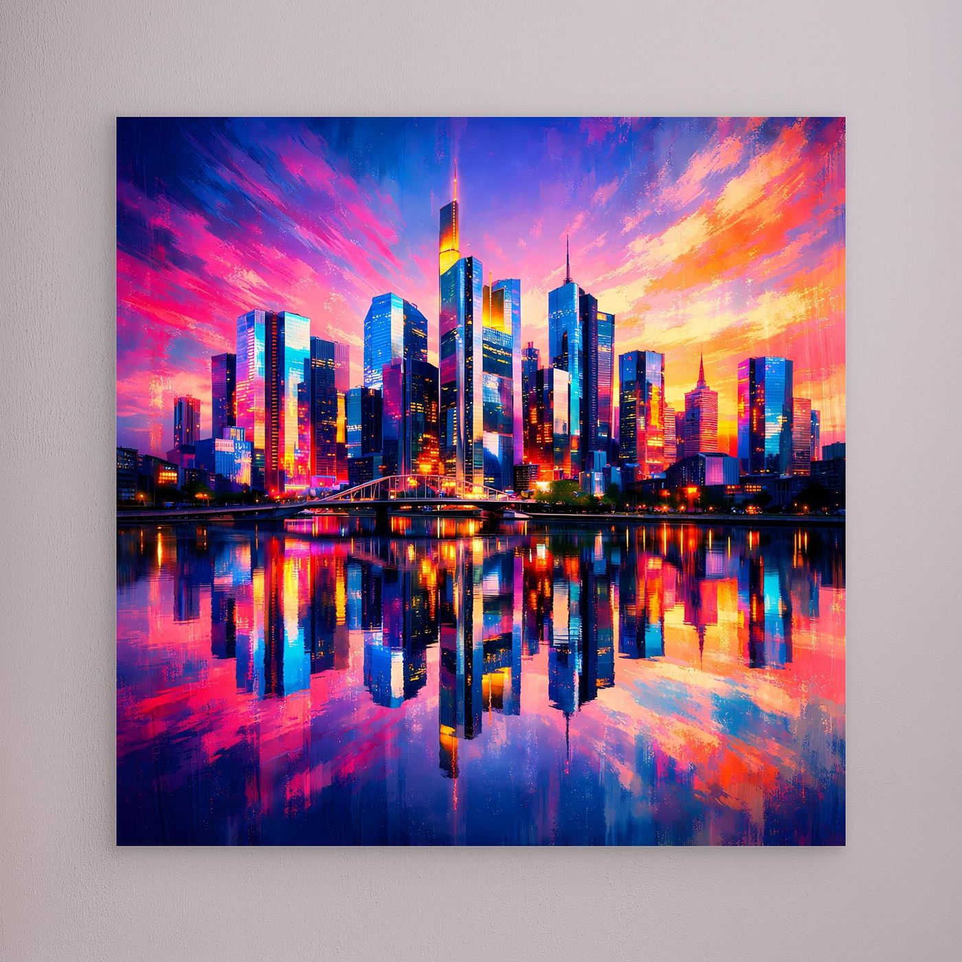 Leinwand Farbenfrohe Frankfurt Skyline bei Sonnenuntergang | Modernes Wandbild