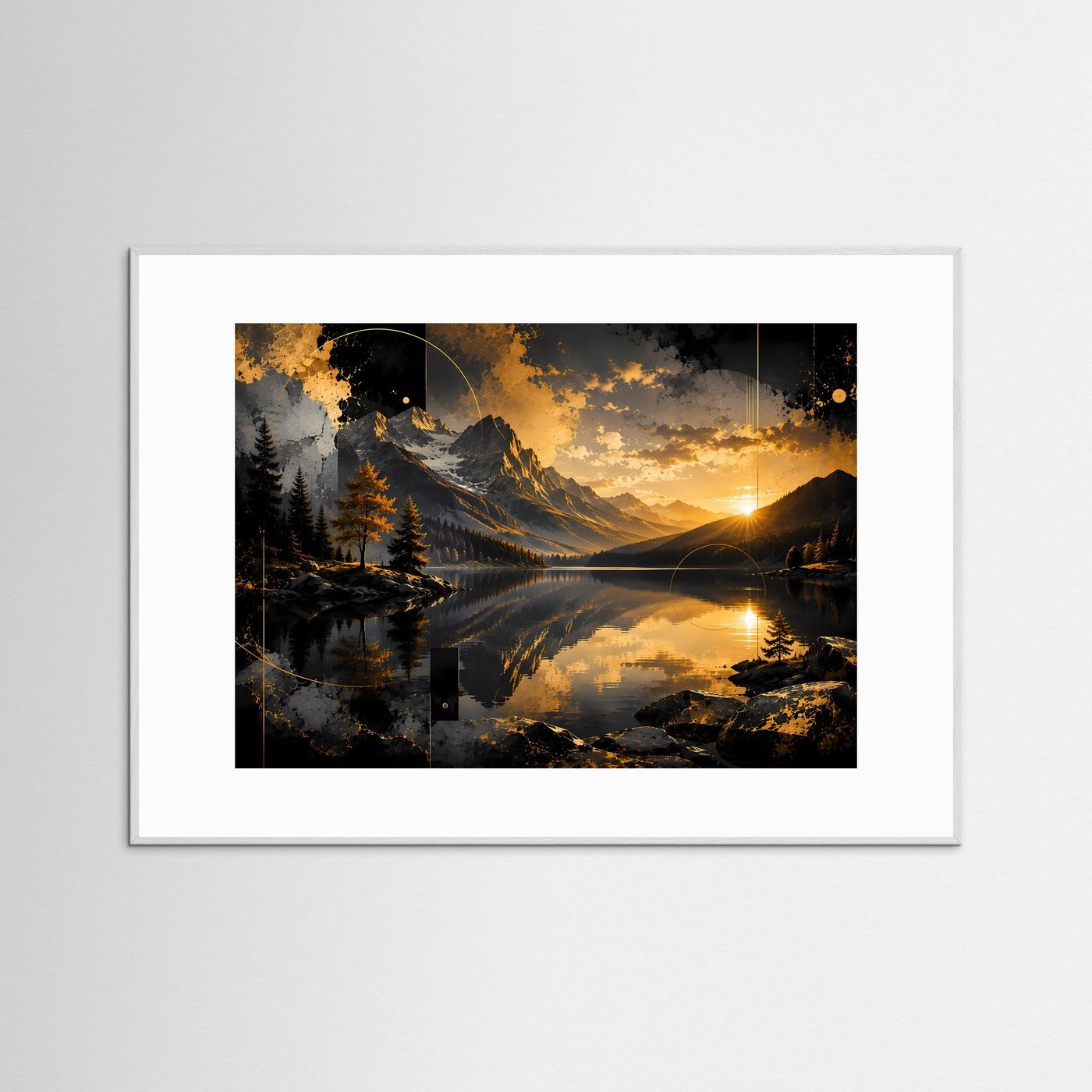 Poster im Querformat mit Bergsee bei Sonnenuntergang, schwarze und goldene Landschaft im grauen Rahmen