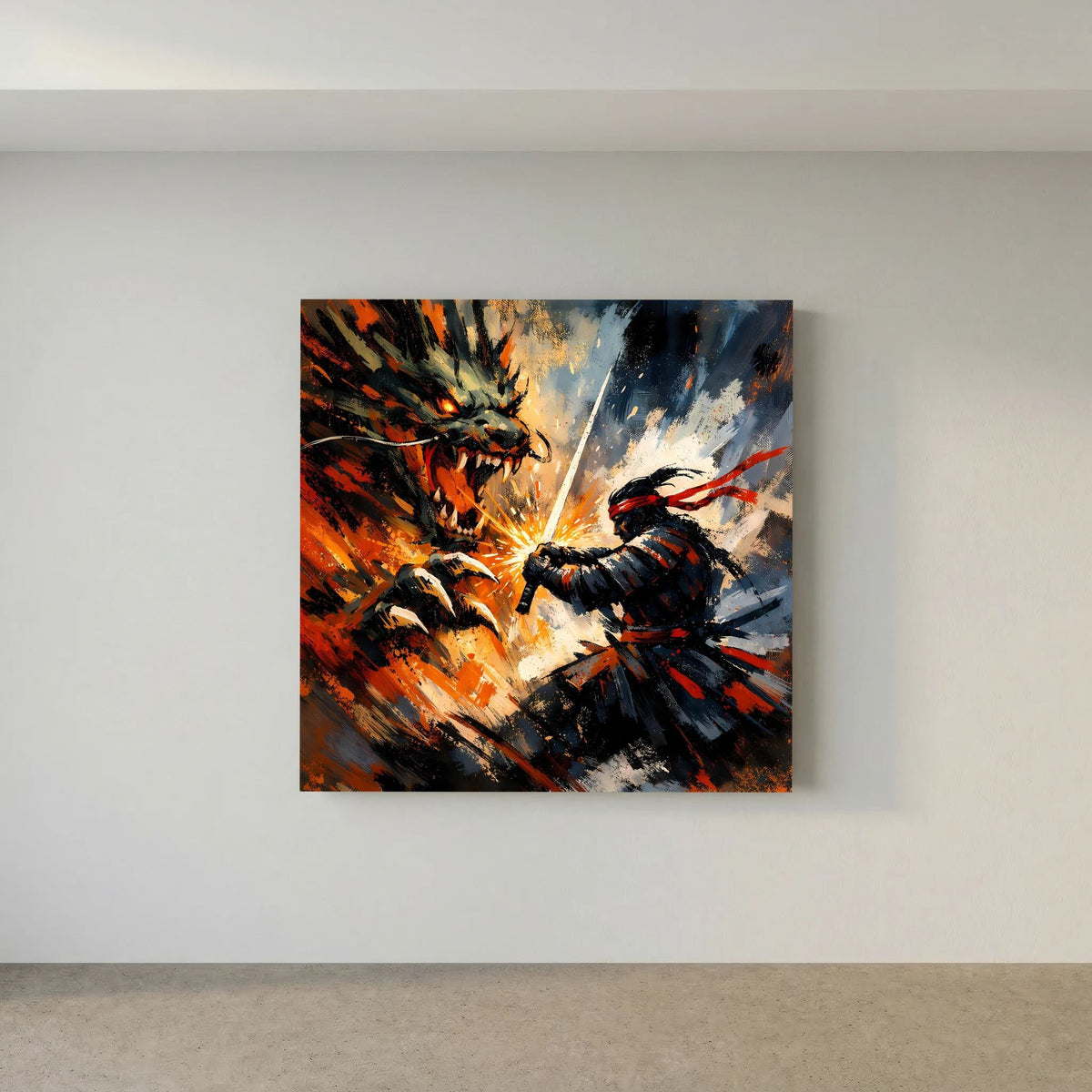 Quadratisches Leinwand-Wandbild mit dunklem Rand: Samurai gegen Drache, dynamische Pinselstriche