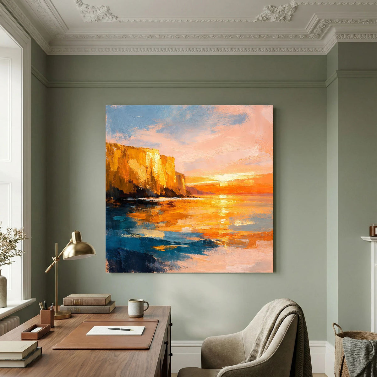 Leinwand-Wandbild mit abstraktem Meer und goldigem Sonnenuntergang an einer Steilküste