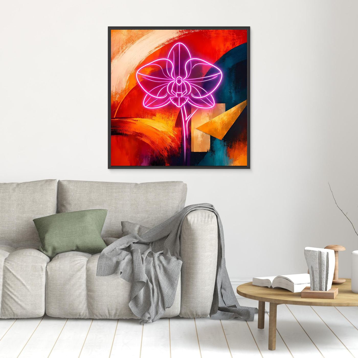 Quadratisches Leinwandbild: leuchtende Orchidee als Neonlinie auf abstraktem Farbgrund, Holzrahmen
