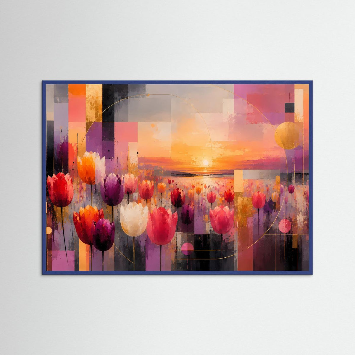 Abstraktes Tulpenfeld-Poster im Querformat, dunkelblauer Rahmen, Tulpen vor warmem Himmel