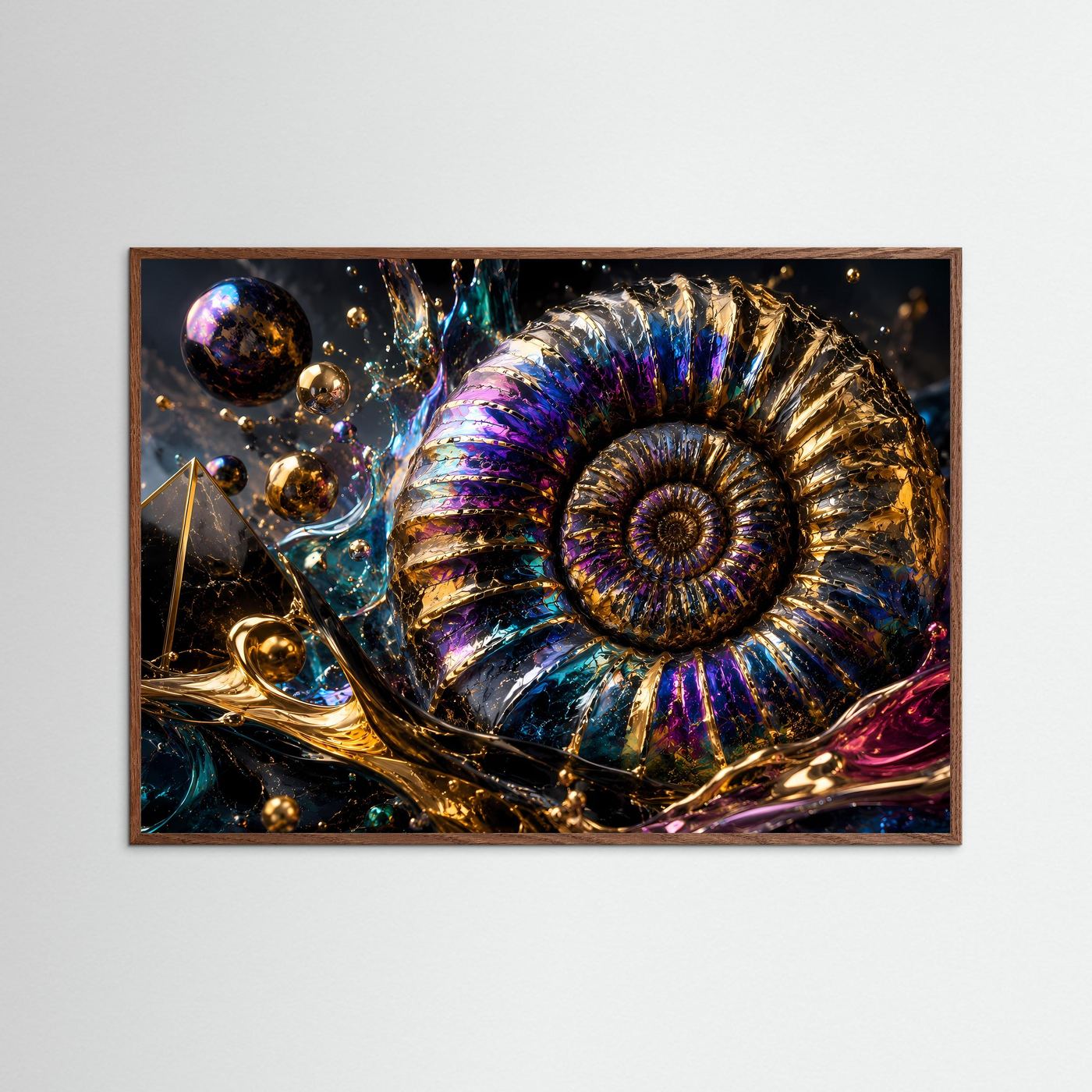 Ammonit Fossil Wandbild | Luxuriöse Geoden Kunst | Abstrakte Gold Blau Lila Wanddekoration | Moderne Premium Leinwand | Geometrische Naturkunst