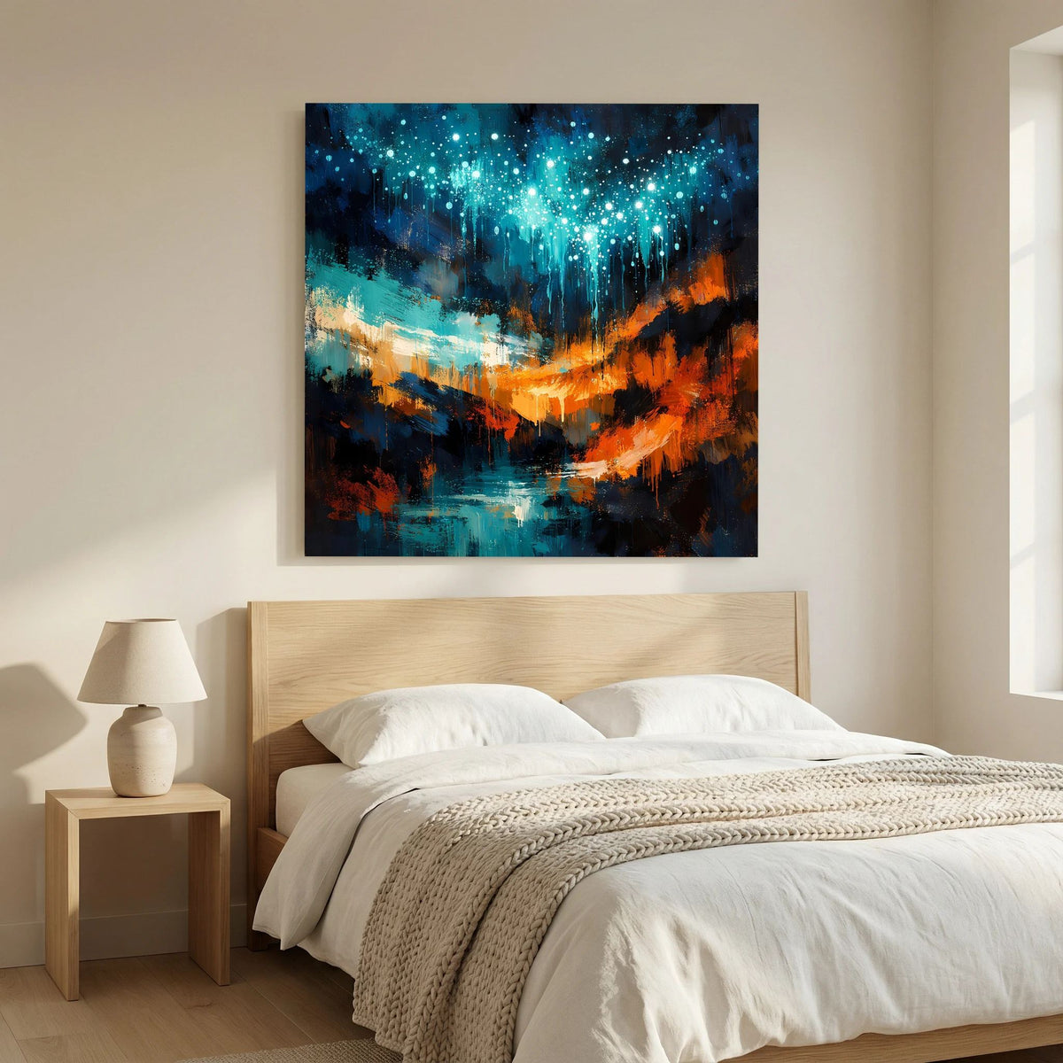 Abstraktes Wandbild mit blauen Lichtpunkten und orangefarbenen Akzenten über ruhigem Wasser
