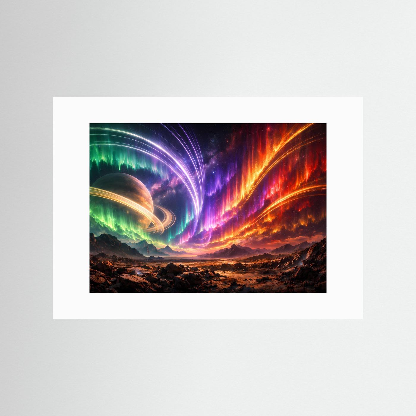 Querformat-Poster mit Polarlicht- und Ringplanet-Motiv, weißes Passepartout