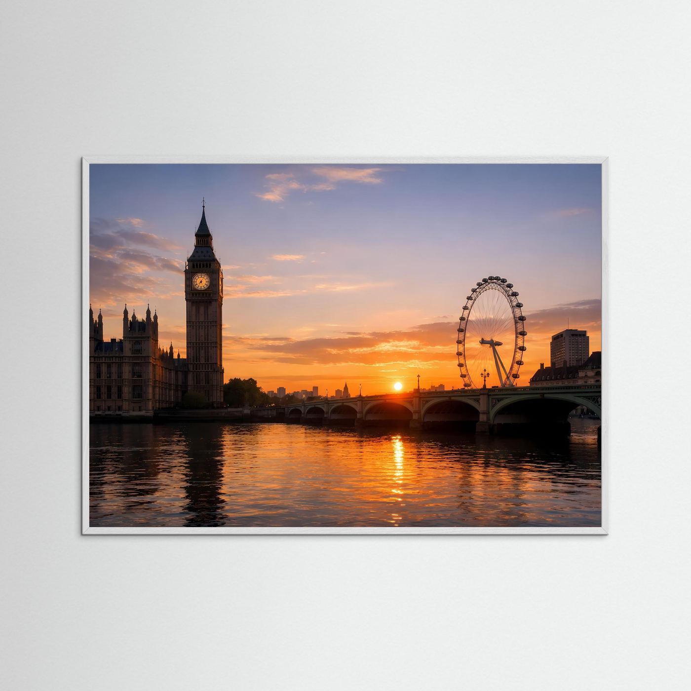 Panorama-Poster Big Ben und London Eye im Sonnenuntergang, Holzrahmen in Blau