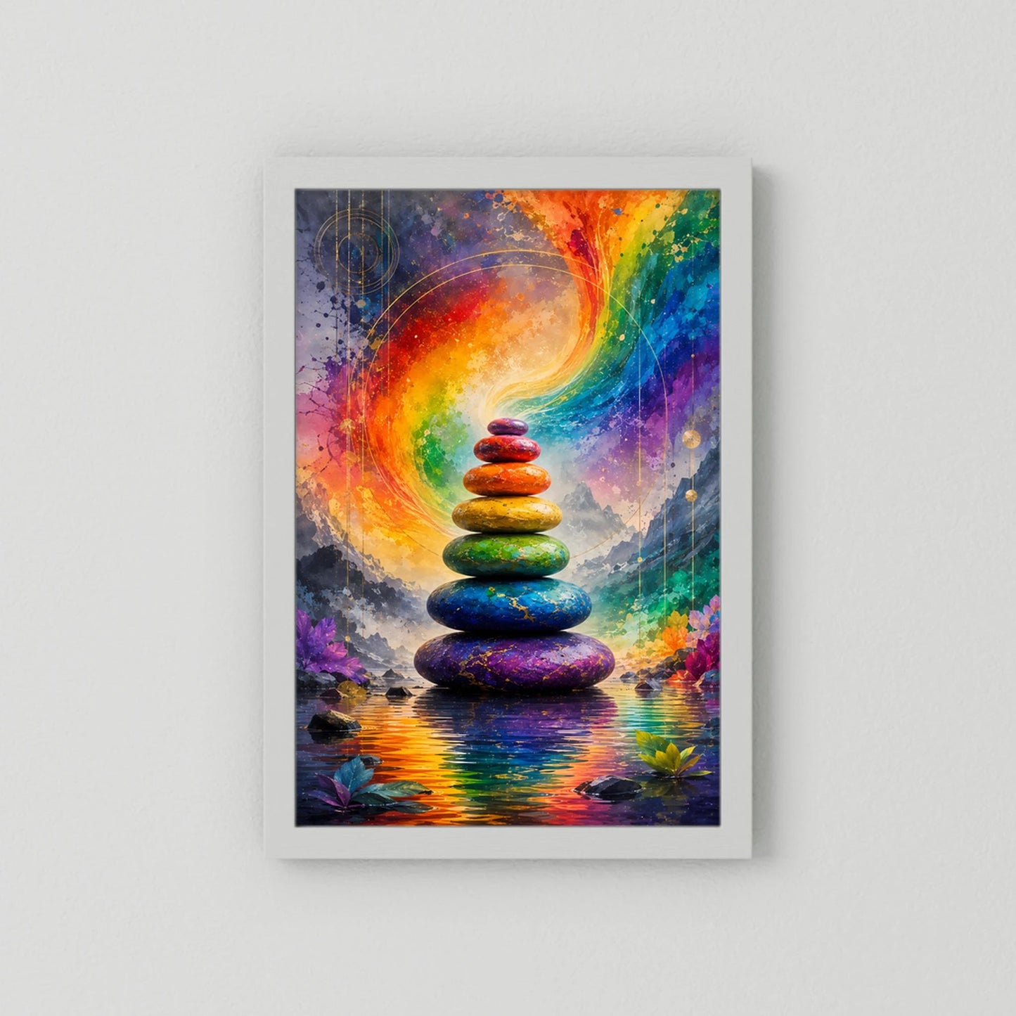 Hochformatiges Poster mit Rainbow-Zen-Steinen, weißer Rand ohne Rahmen