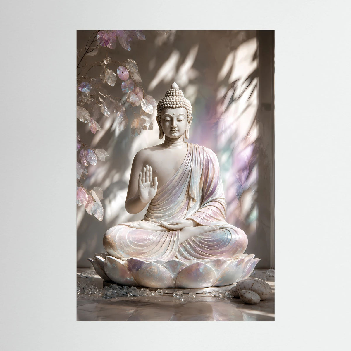 Poster mit Buddha auf Lotus, Creme- und Rosatöne im Pastell, Hochformat