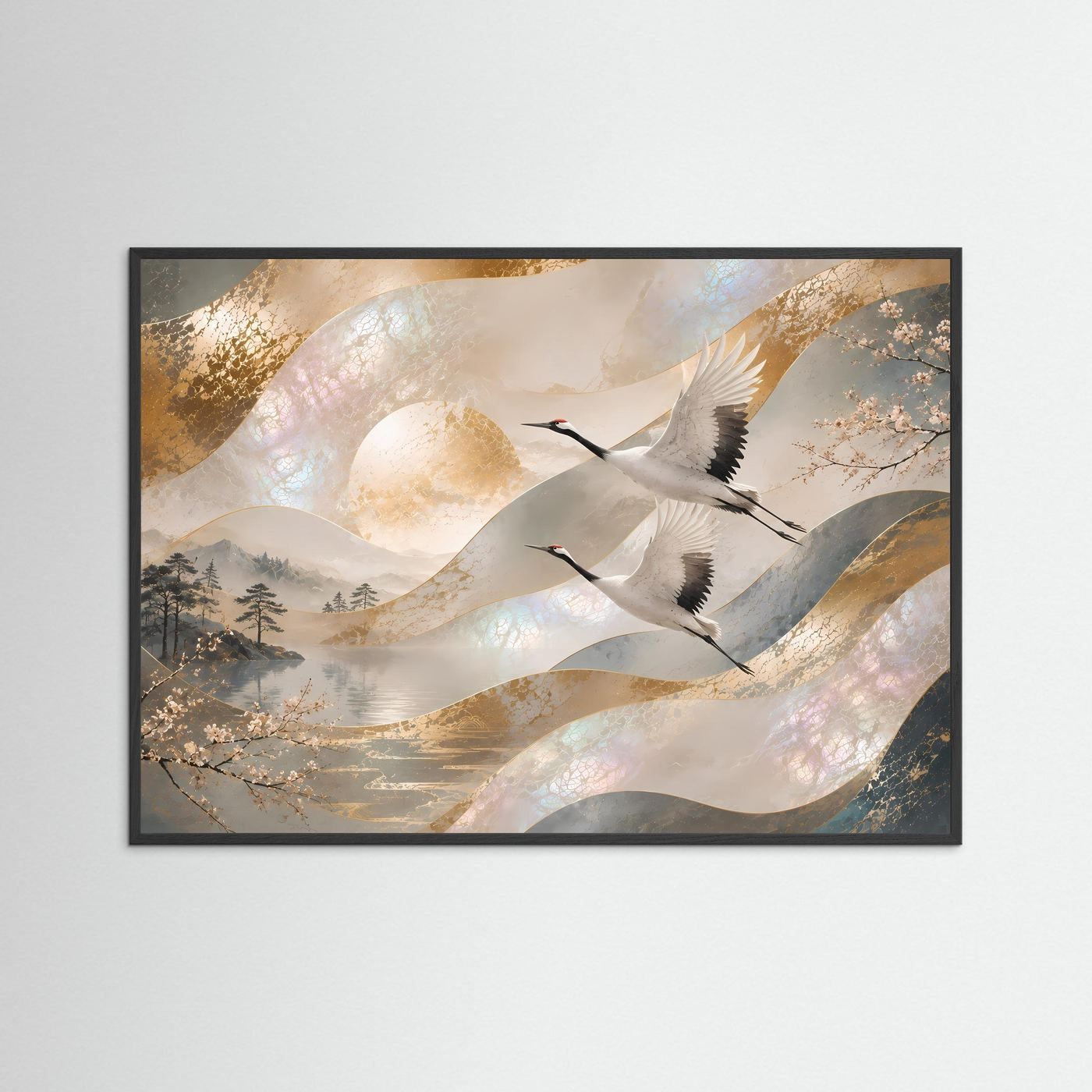 Japanische Kraniche im Flug | Elegante Perlmutt-Kunst in Gold & Creme