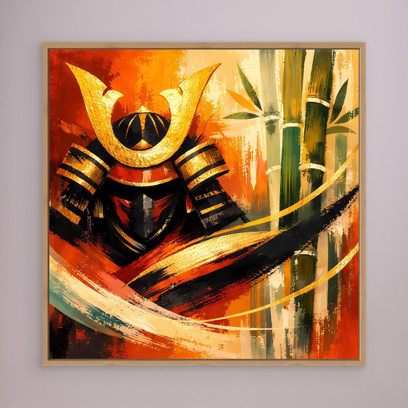 Leinwandbild mit Samurai und Bambus, Goldhelm, orange-grüne Farbflächen, brauner Rahmen