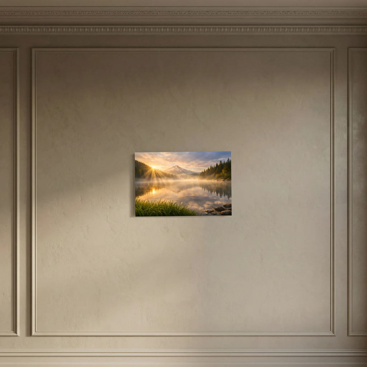 Kleines Poster im Querformat: Bergsee bei Sonnenaufgang mit Nebel über dem Wasser