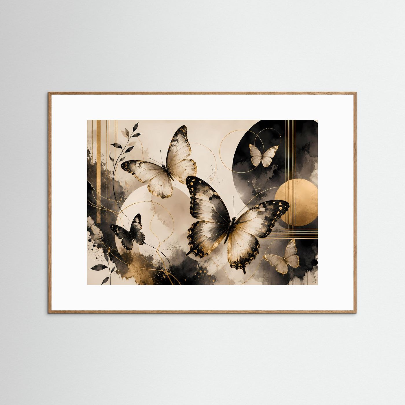 Gerahmtes Schmetterlings-Poster mit braunem Rahmen, mehrere schwarz-goldene Schmetterlinge