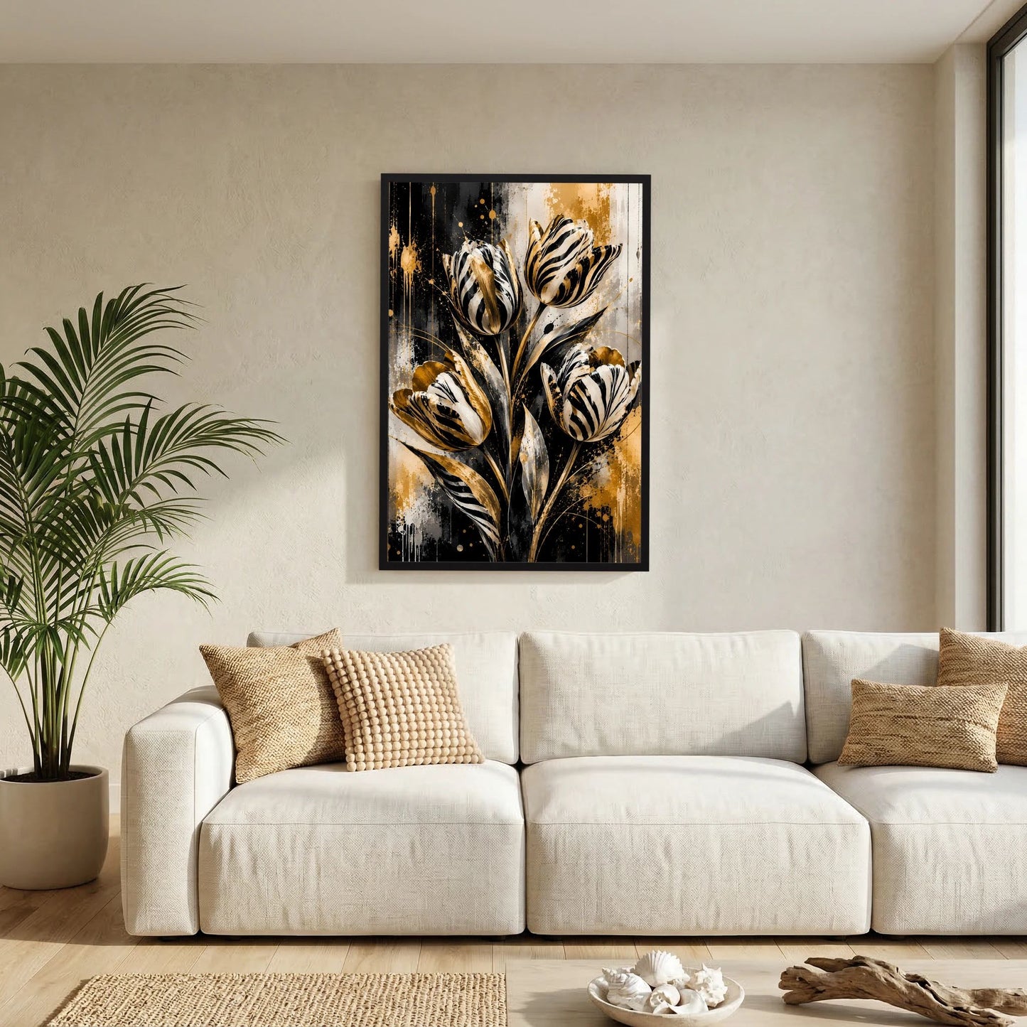 Hochformat-Poster im schwarzen Rahmen mit abstrakten Tulpen, Schwarz, Weiß und Gold
