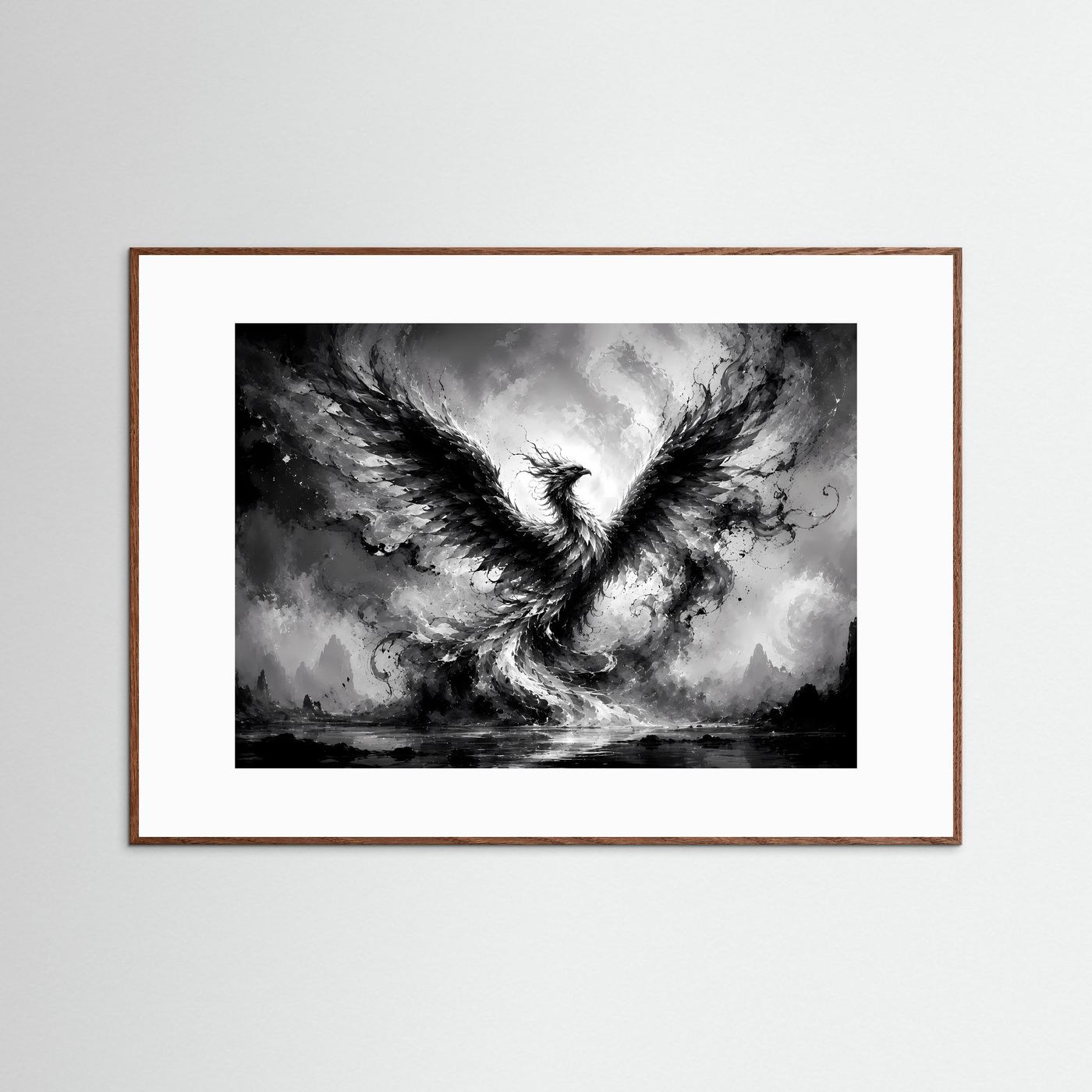 Phönix aus Licht und Schatten | Mystische Schwarz-Weiß Wandkunst – Abstrakter Feuervogel