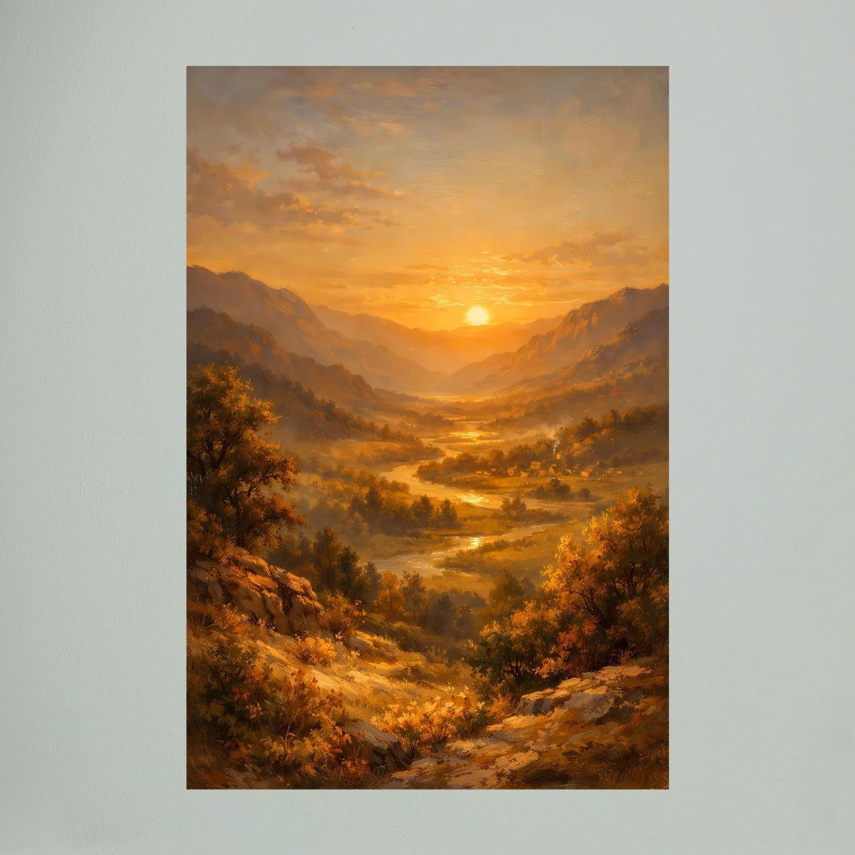 Hochformatiges Wandbild mit Berglandschaft, Fluss und strahlender Abendsonne