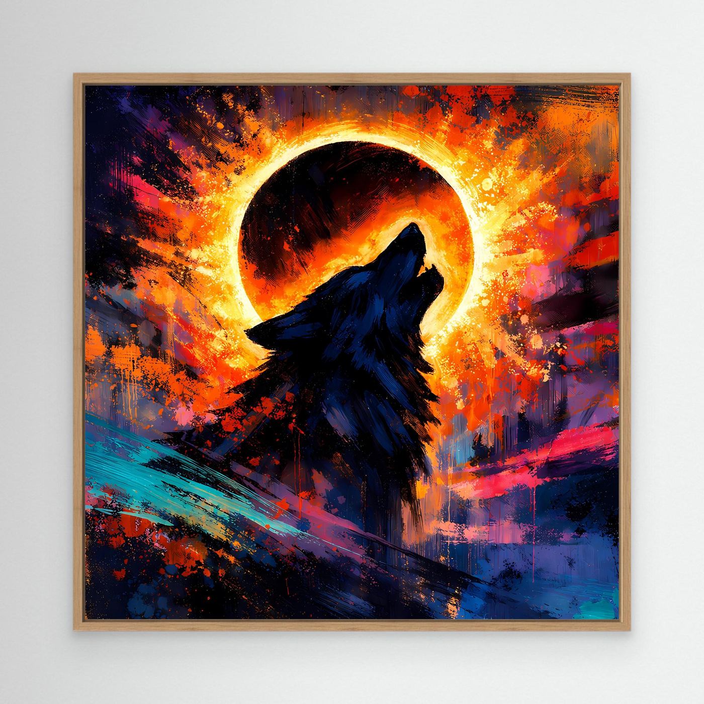 Leinwand-Wandbild mit heulendem Wolf im Holzrahmen und leuchtender Sonnenfinsternis