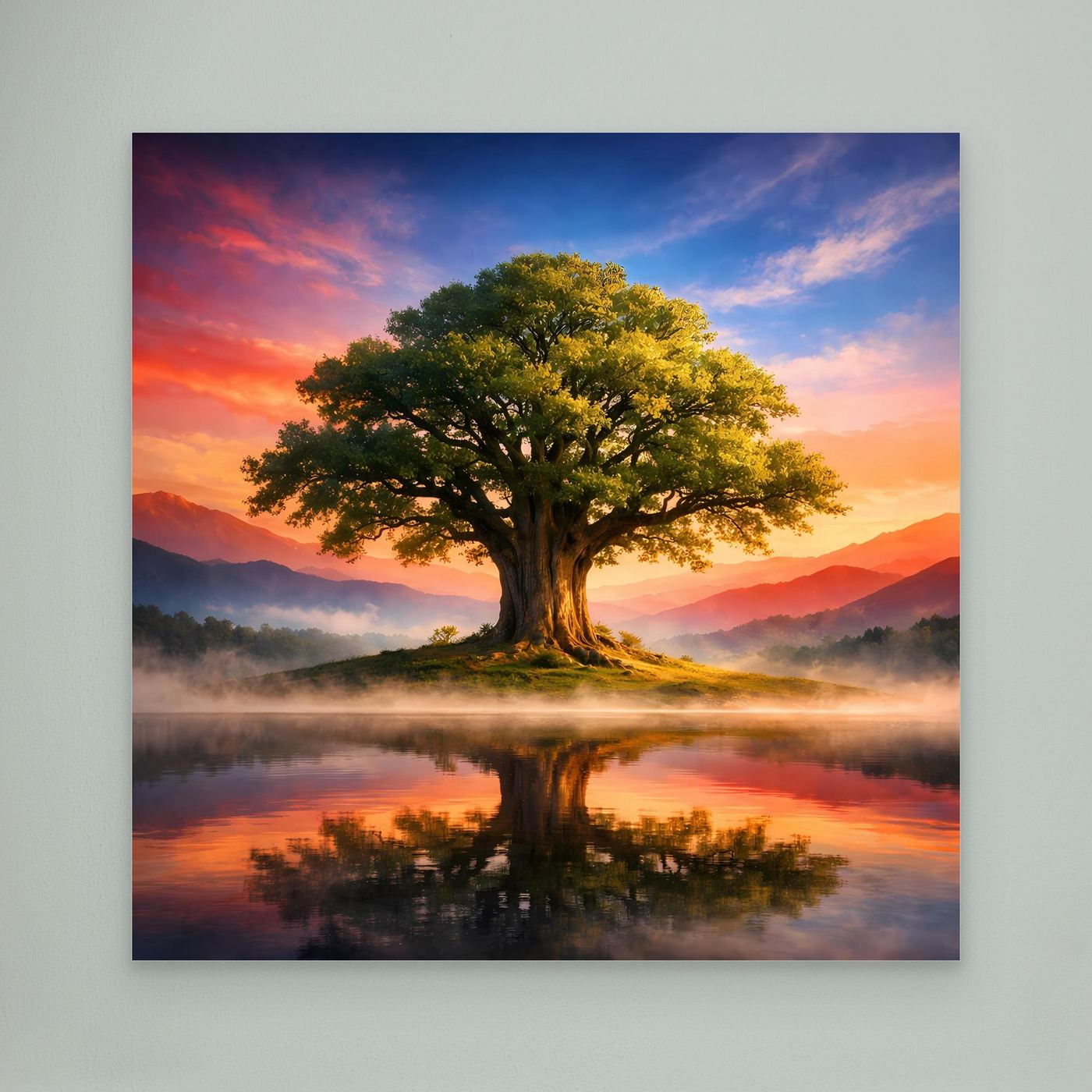 Leinwandbild mit Baum bei Sonnenaufgang und Spiegelung im Wasser