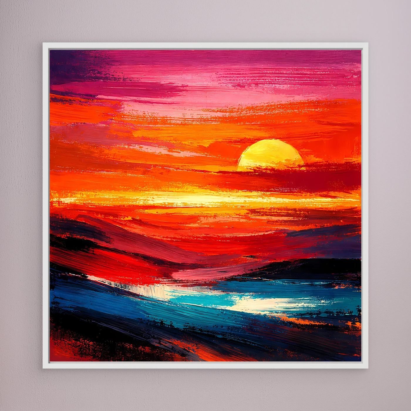 Leinwandbild mit abstraktem Sonnenuntergang und Meer, gelbe Sonne, weißer Bilderrahmen