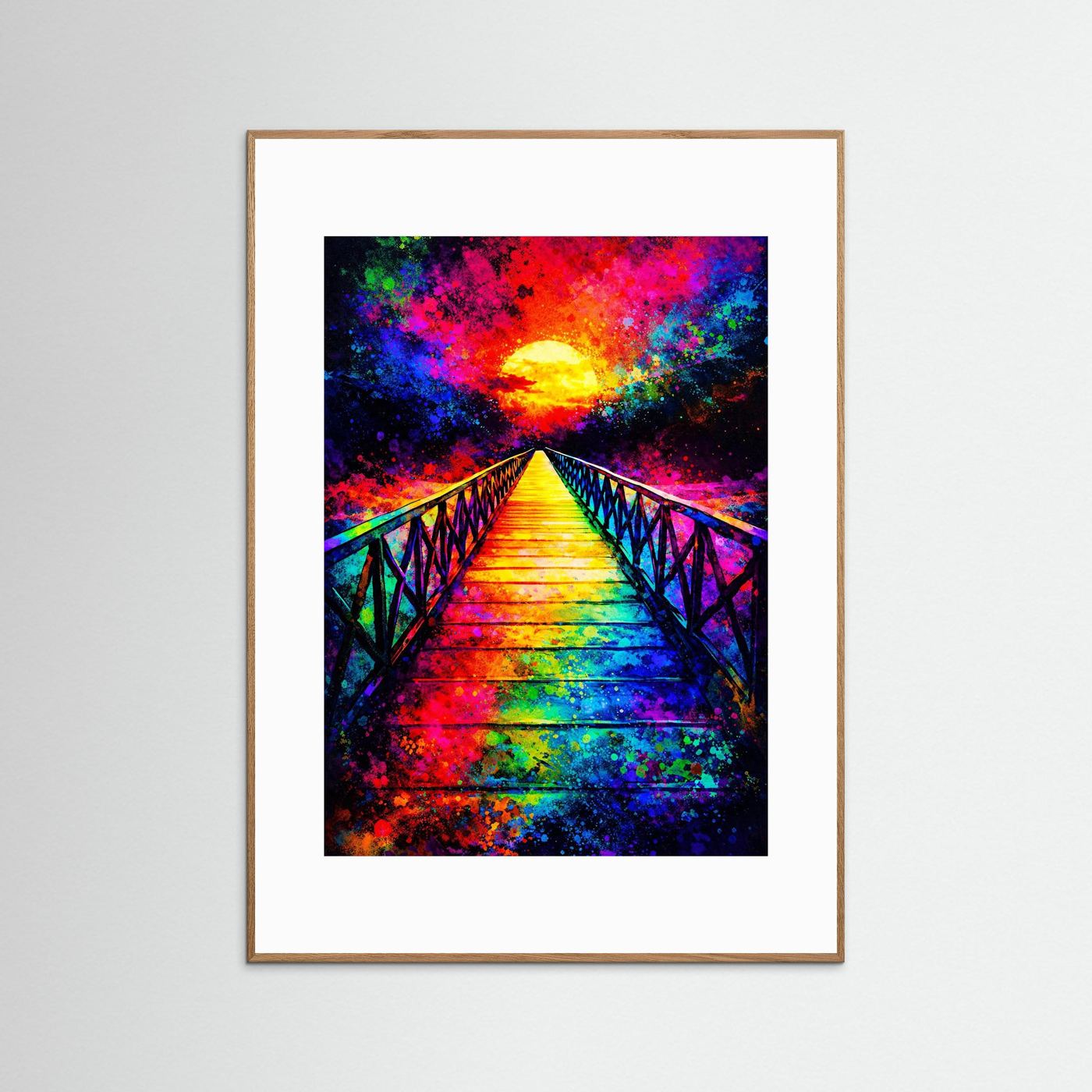 Abstraktes Leinwandbild: bunte Brücke zum Sonnenuntergang, heller Holzrahmen