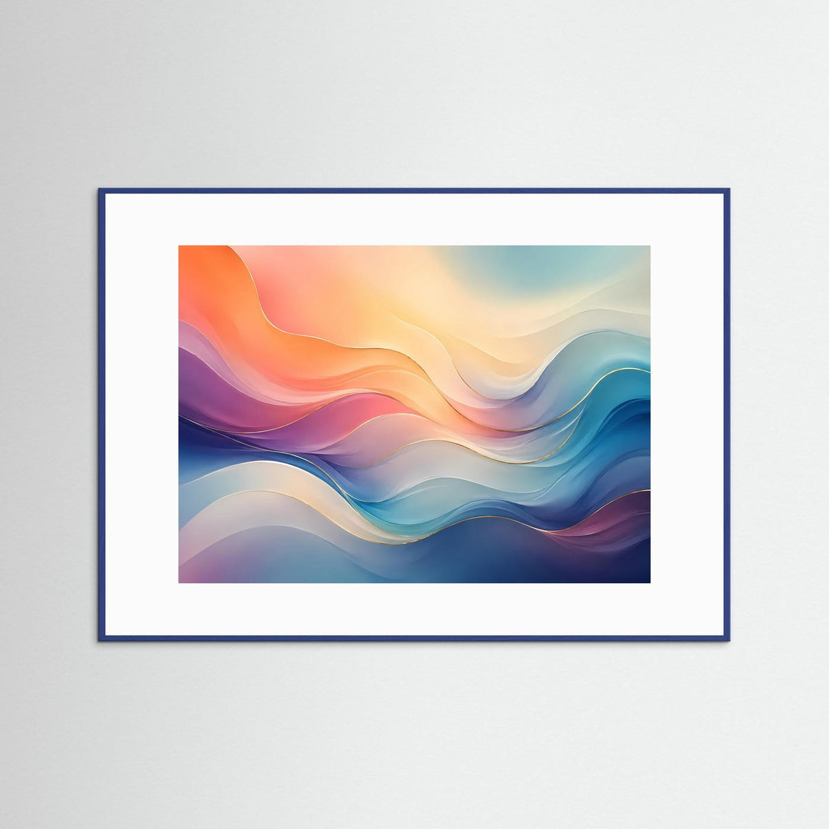 Querformat-Poster mit fließenden Wellen in Blau, Rosa und Pastellfarben; blauer Rahmen