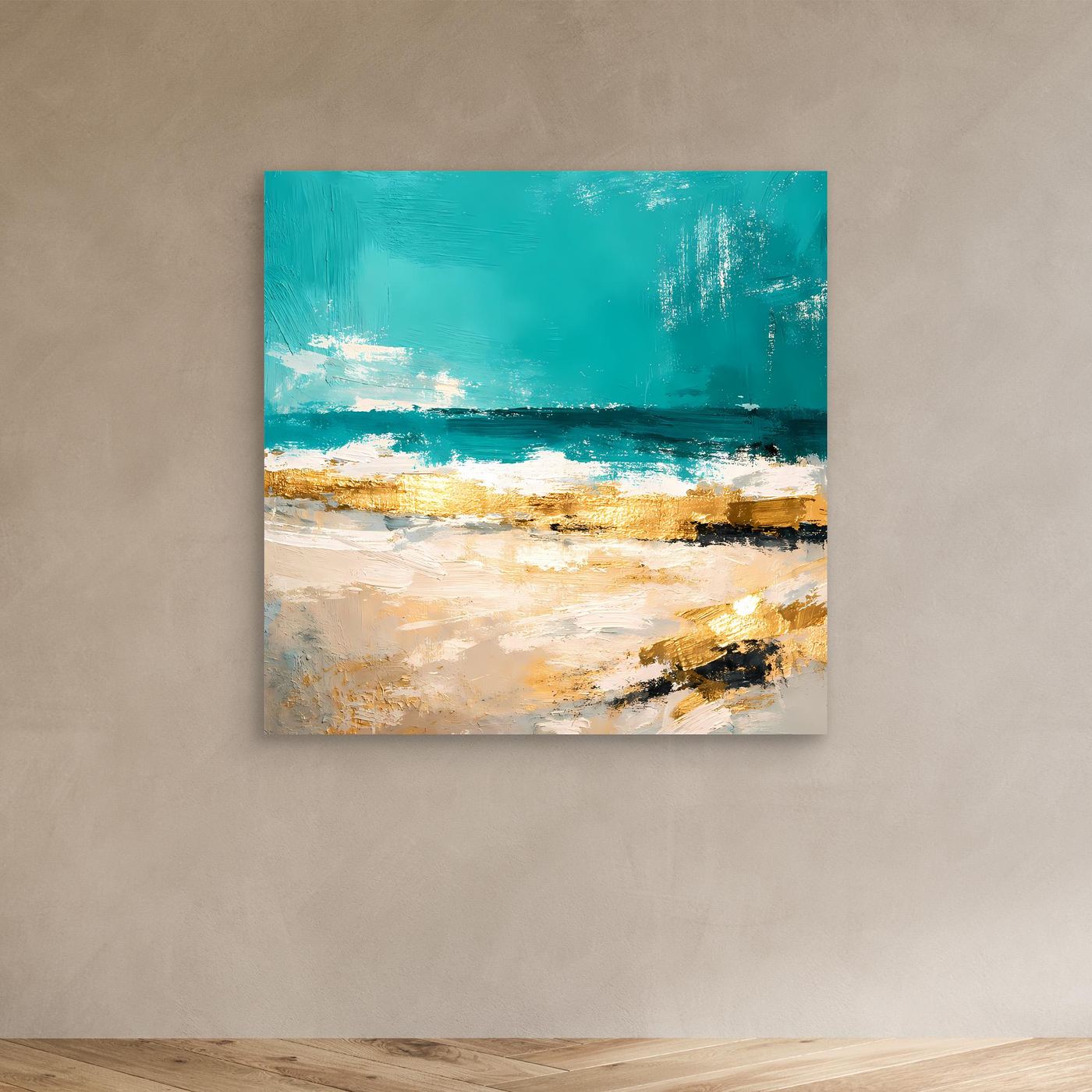Leinwand Abstraktes Strandgemälde in Türkis und Gold | Modernes Meer Wandbild