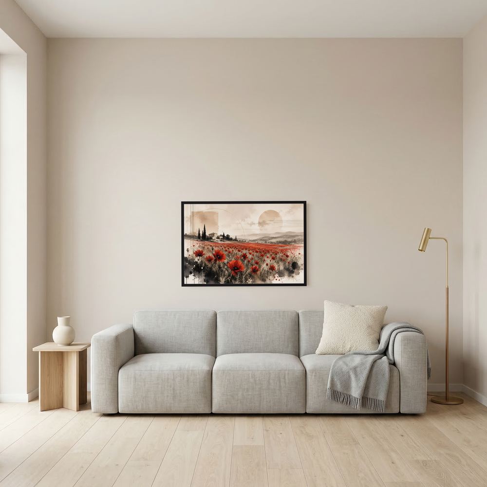 Gerahmtes Querformat-Poster mit Mohnblumenfeld in Rot und Beige, schwarzer Rahmen