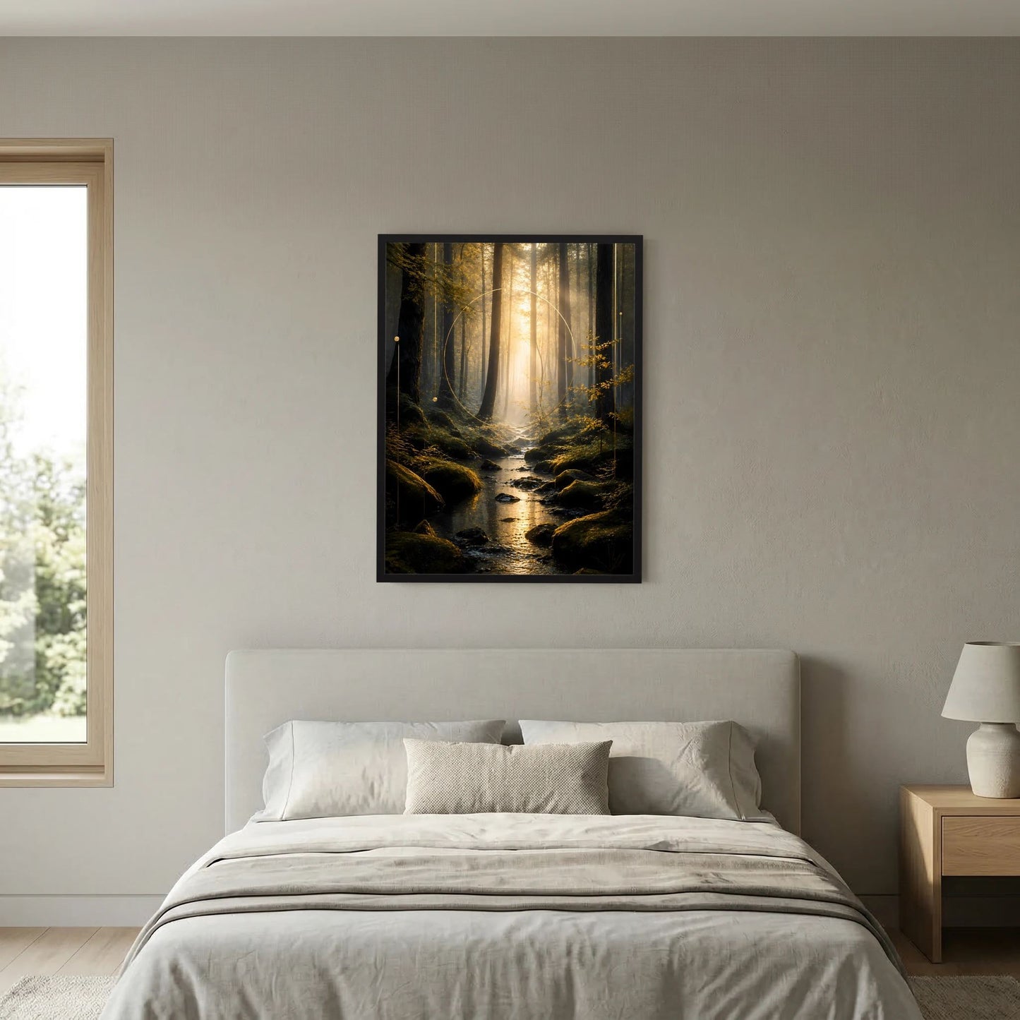Hochformatiges Poster im schwarzen Rahmen: Waldweg mit goldenem Licht und Wasserlauf