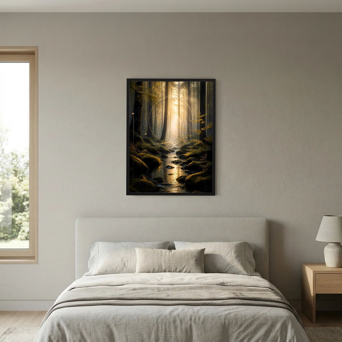 Hochformatiges Poster im schwarzen Rahmen: Waldweg mit goldenem Licht und Wasserlauf