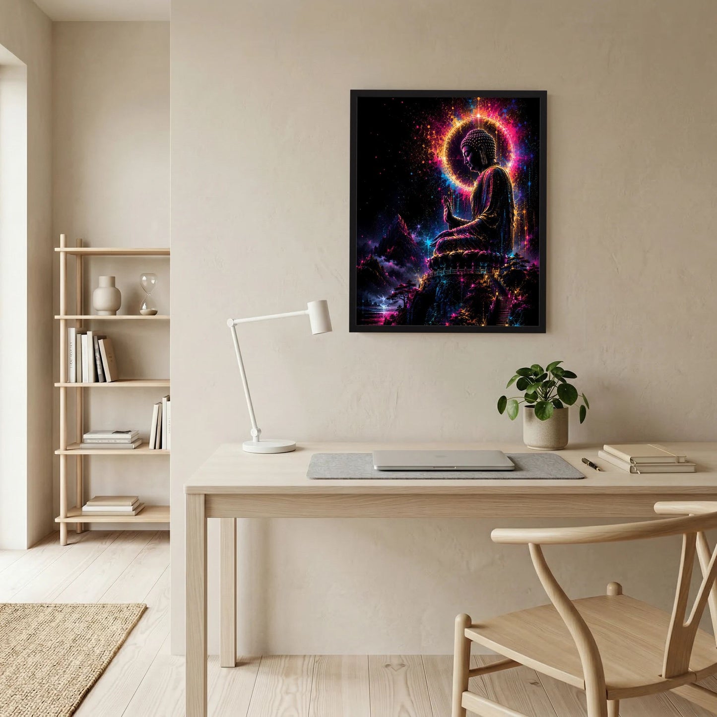 Wandbild im schwarzen Rahmen: Buddha in buntem Neonlicht mit leuchtender Aura
