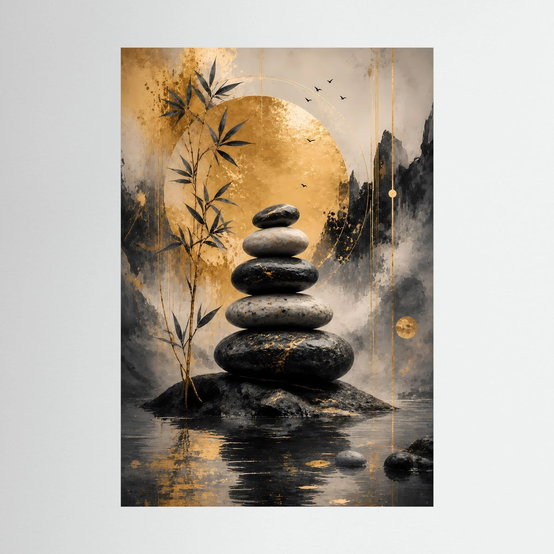 Hochformat-Poster mit Stapel dunkler Steine, Bambuszweig und goldgrauer abstrakter Komposition