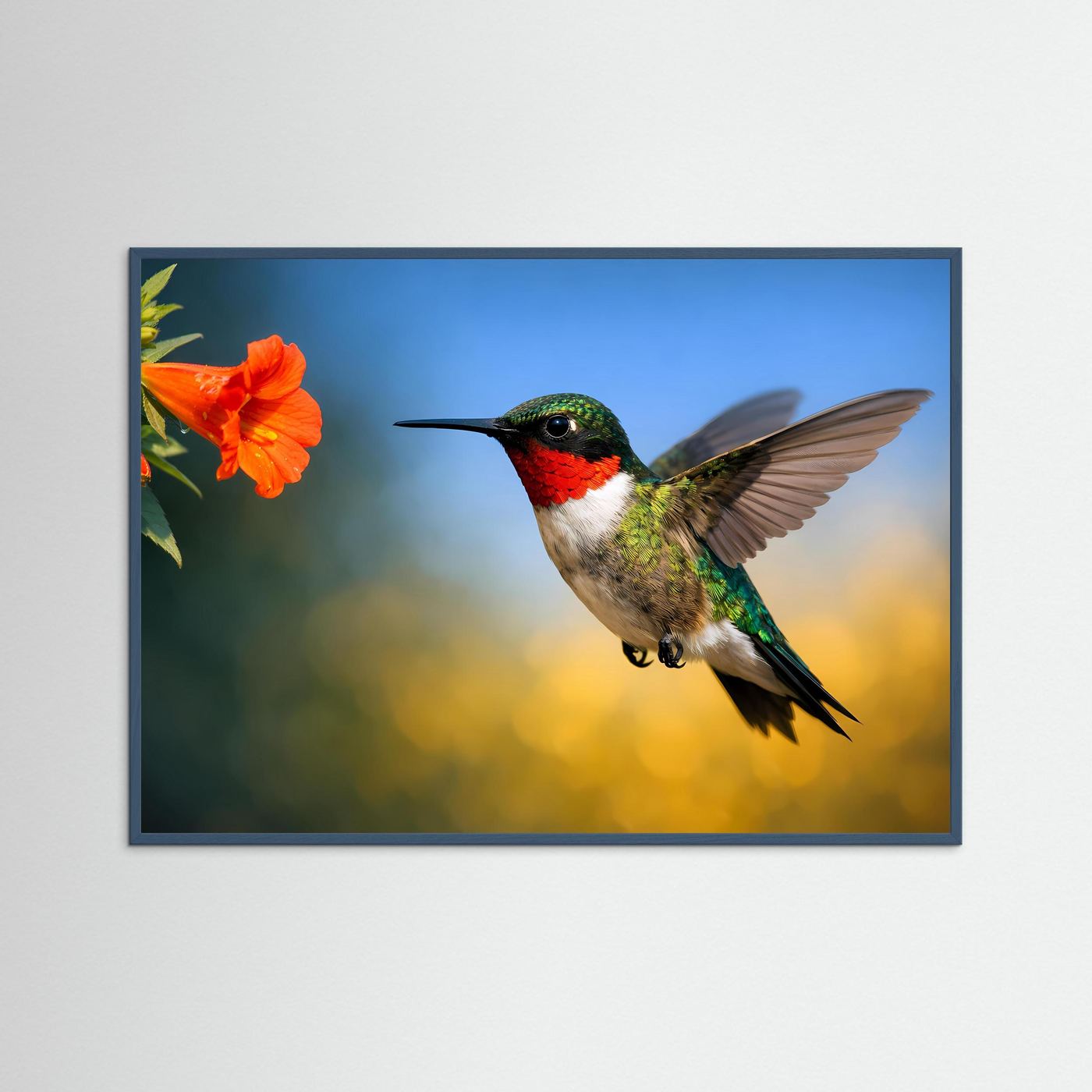 Naturposter (Querformat) mit schwebendem Kolibri und oranger Blüte, ohne Rahmen