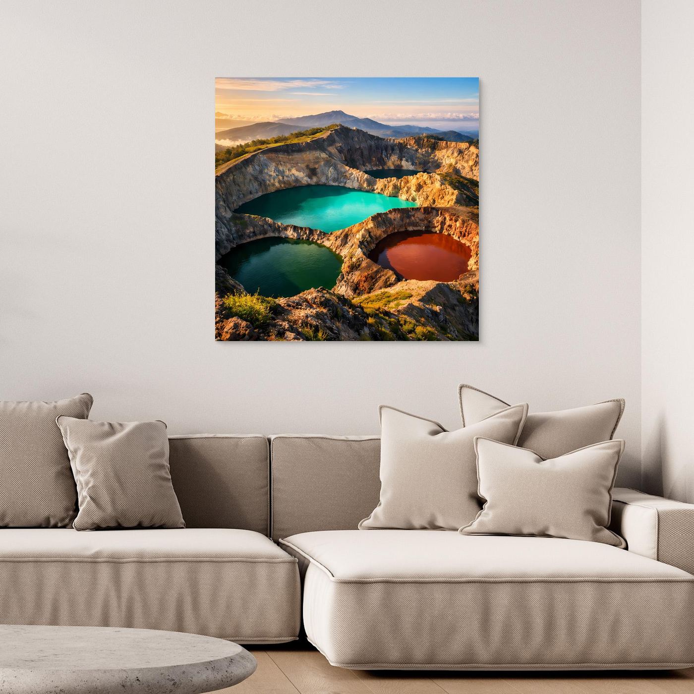 Leinwandbild mit bunten Kraterseen und Vulkanlandschaft, dekoratives Wandmotiv im Rahmen