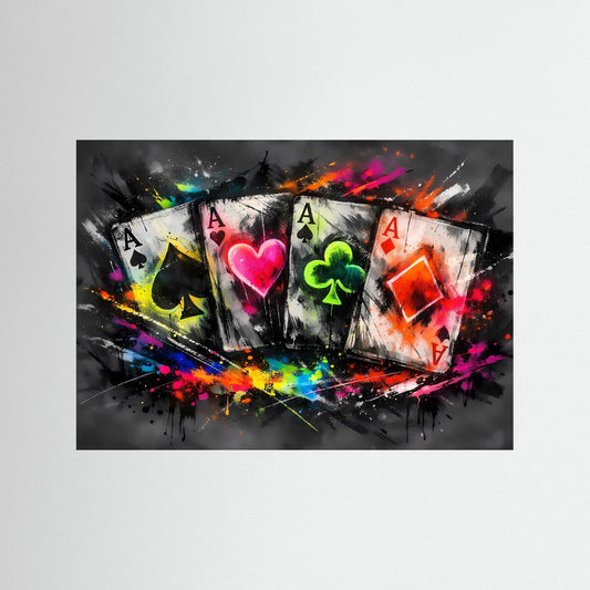 Poker-Graffiti-Poster mit vier Karten, Neonfarben, schwarzer Rahmen