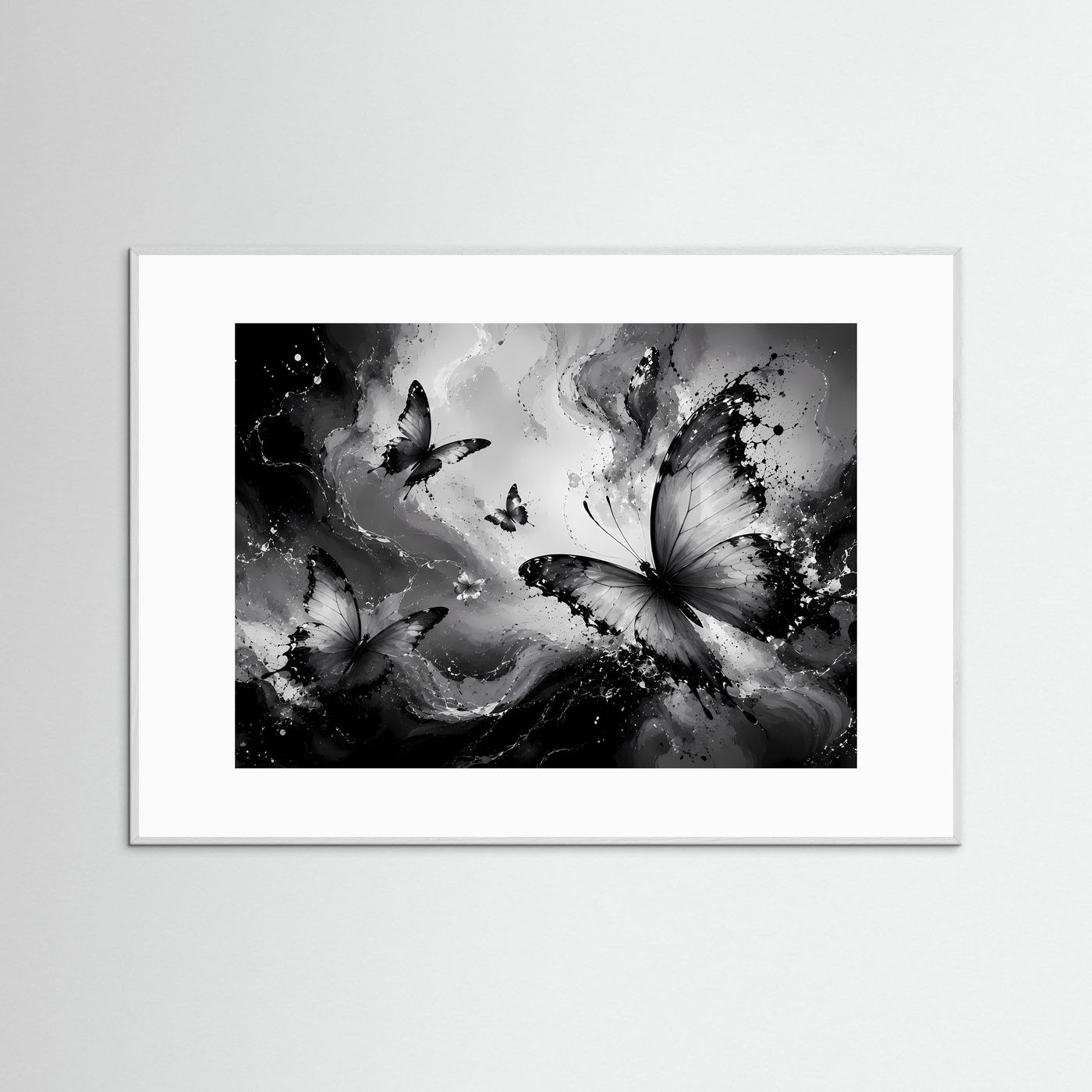 Schmetterlinge Schwarz Weiß Poster Querformat | Abstrakte Butterfly Wandkunst Modern | Monochrome Leinwandkunst