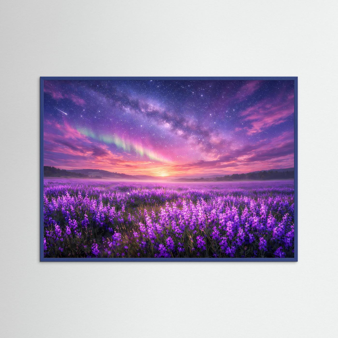 Wandbild mit blauem Rahmen, violettes Lavendelfeld bei Sternenhimmel