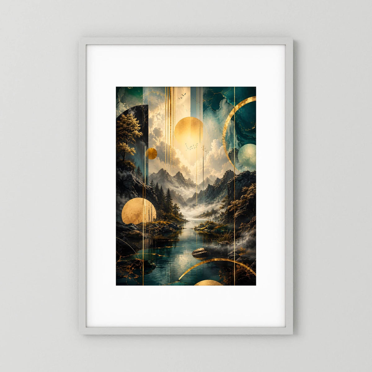 Vertikales Poster mit abstrakter Berglandschaft in Petrol und Gold, geometrische Kreise