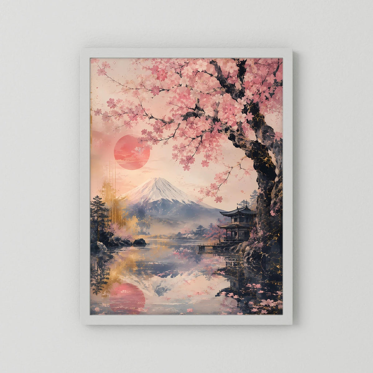 Hochformat-Poster im weißen Rahmen: Sakura-Blüten, Fuji und Pagode in Rosa und Gold