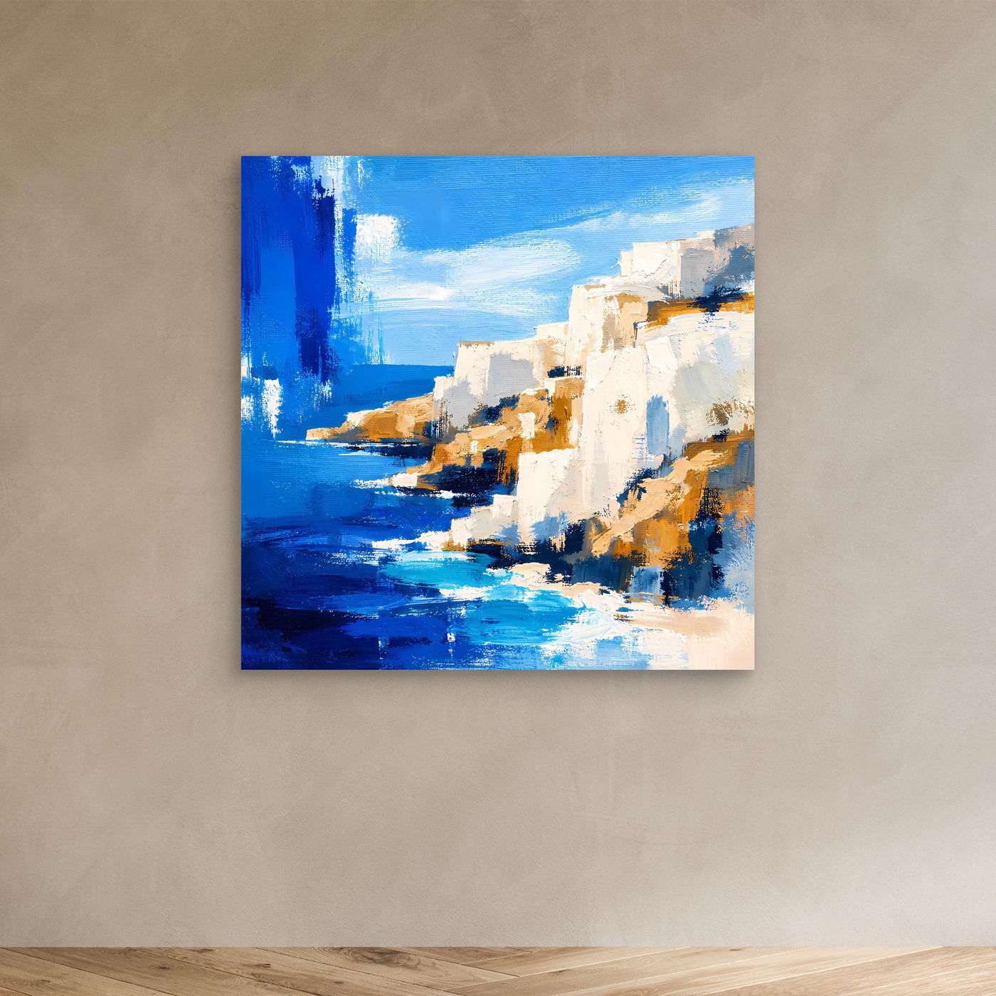 Abstraktes Leinwand-Wandbild Küste in Blau und Weiß, mit orangefarbenen Akzenten