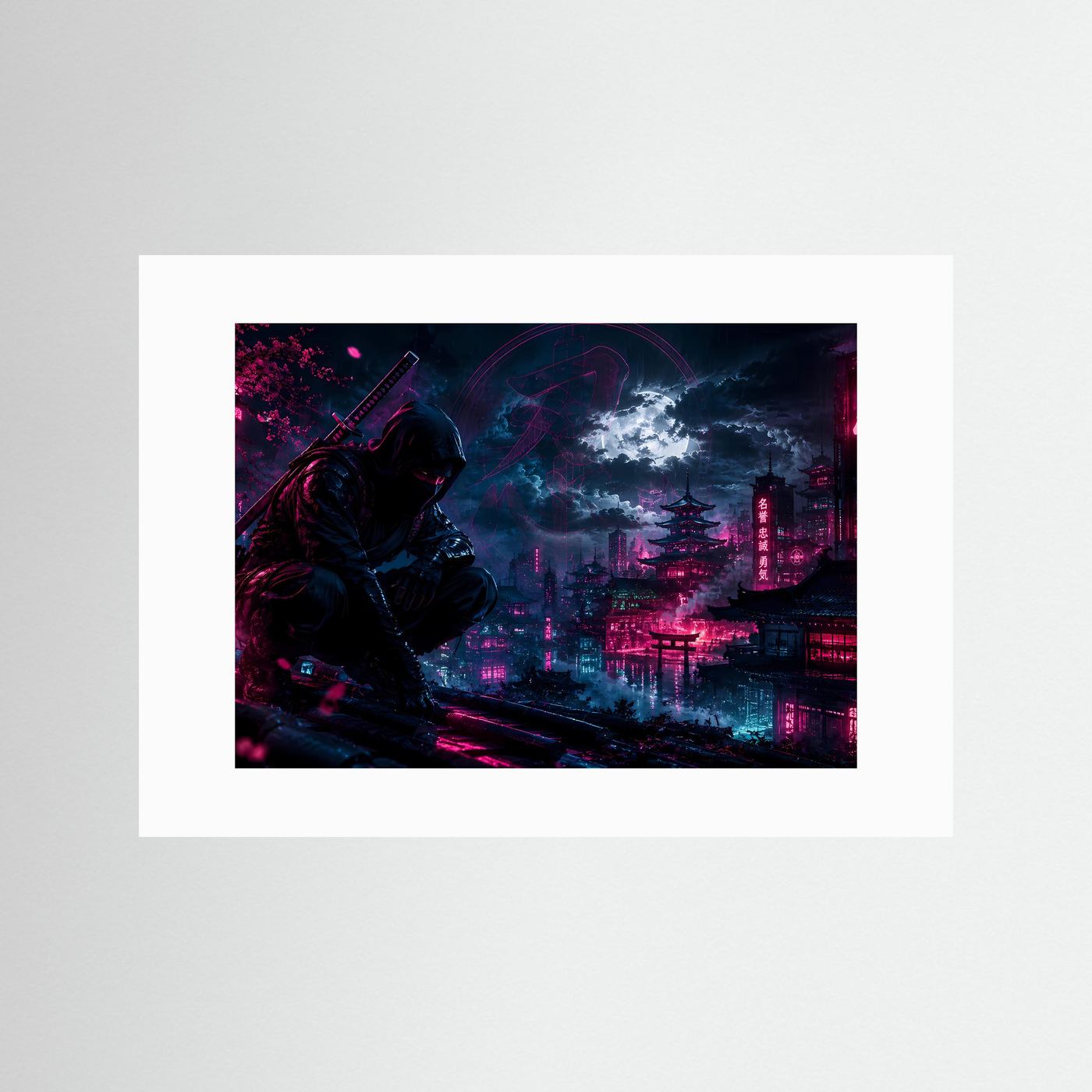 Neon Ninja bei Nacht | Futuristisches Japan in Pink & Blau