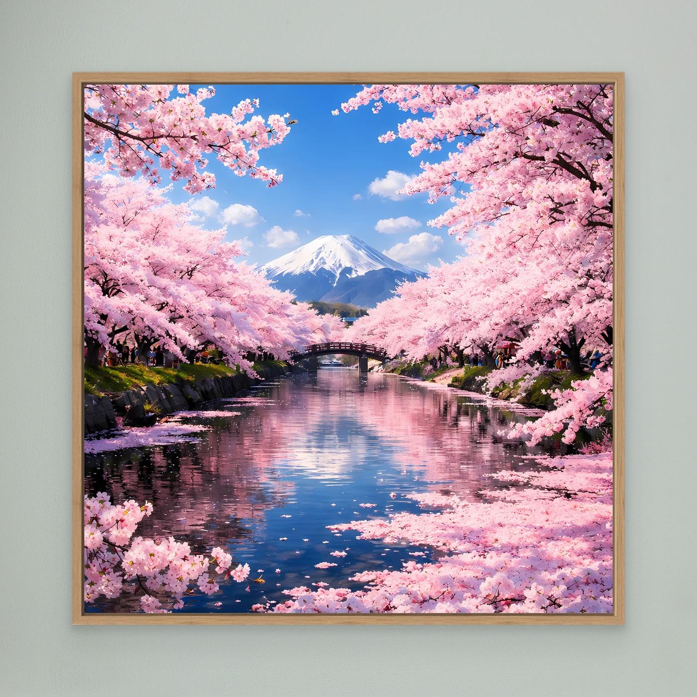 Leinwandbild mit Kirschblüten, Fluss und Fuji-Motiv im braunen Holzrahmen