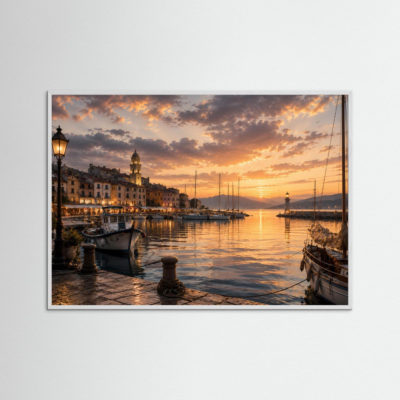 Querformat-Poster mit Hafenmotiv bei Sonnenuntergang im weißen Rahmen
