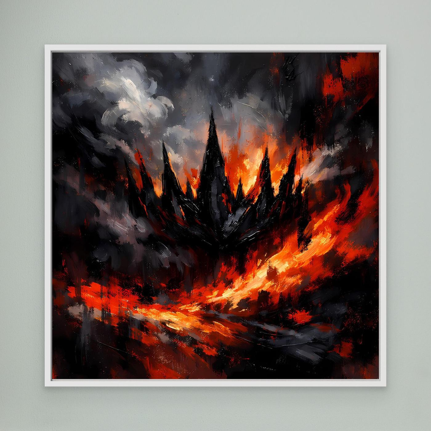 Abstraktes Fantasy-Wandbild: dunkle Festung mit Flammen, weißer Rahmen
