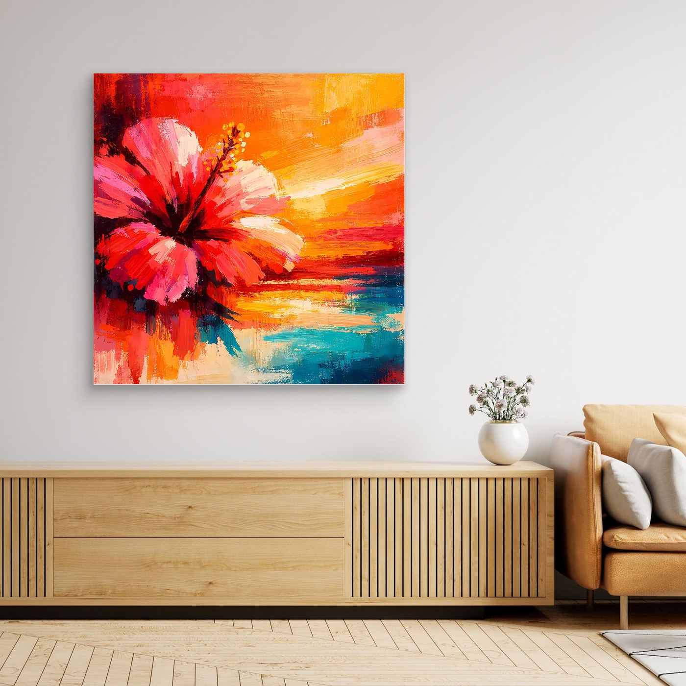 Leinwand Abstraktes Hibiskusblütenbild am Meer | Modernes Küsten Wandbild Bunt
