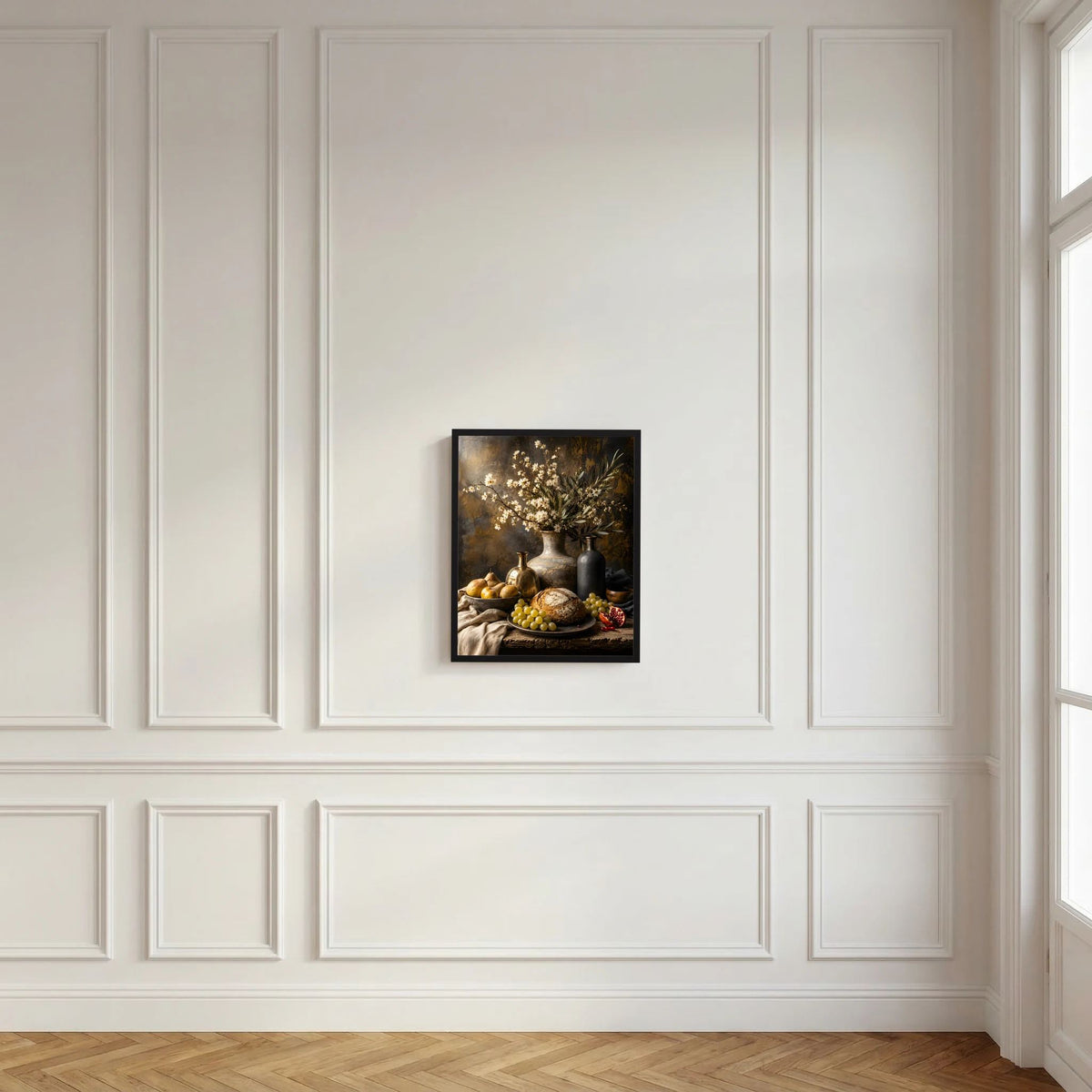 Gerahmtes Stillleben-Poster an der Wand mit Blüten in Vase, Obst und Brot