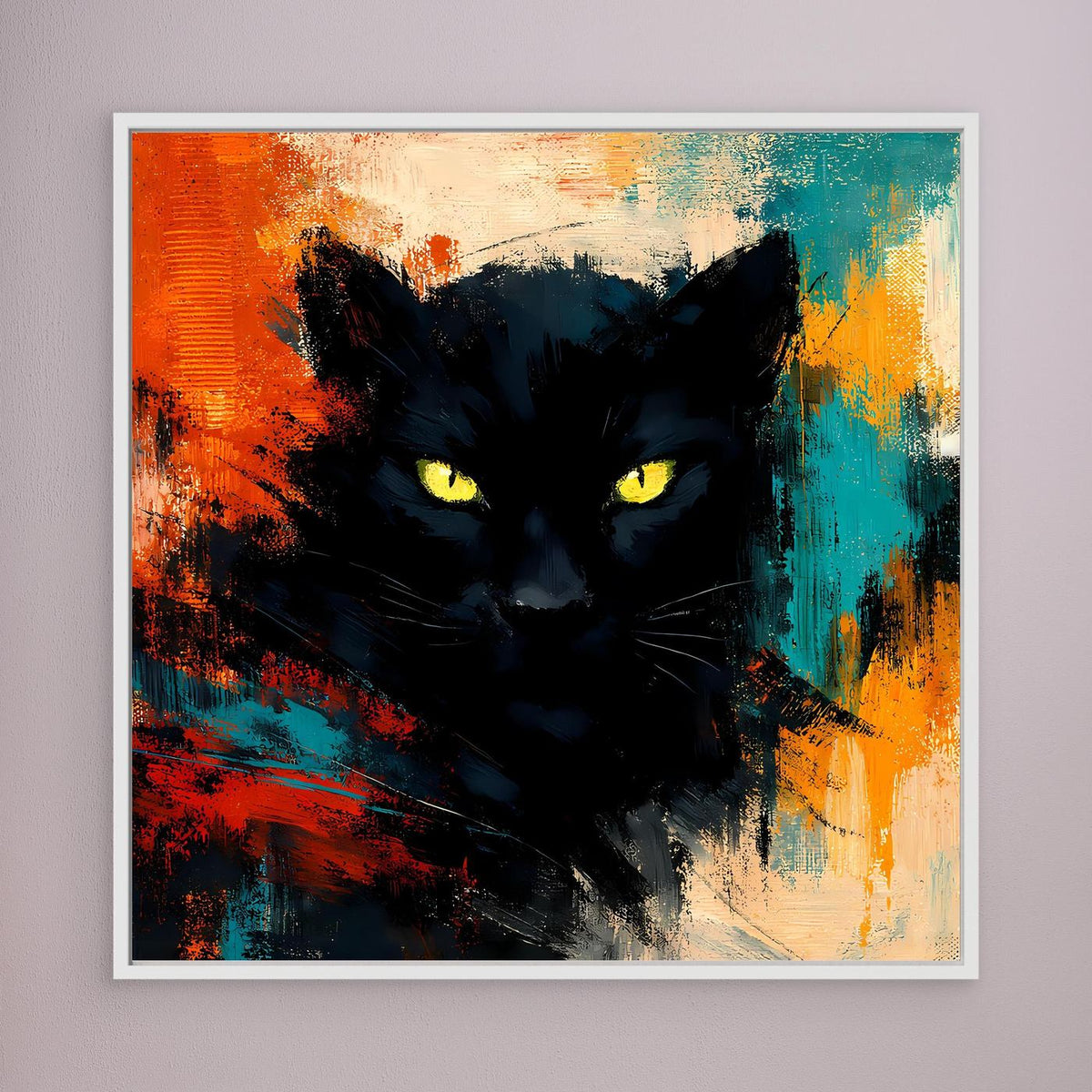 Leinwand-Wandbild mit schwarzem Pantherkopf, gelben Augen und kontrastreichen Farbtupfern