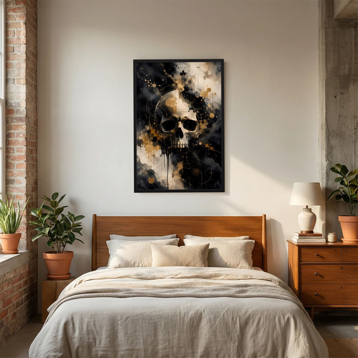 Schwarz gerahmtes Totenkopf-Poster im Hochformat, abstrakt mit goldenen Akzenten