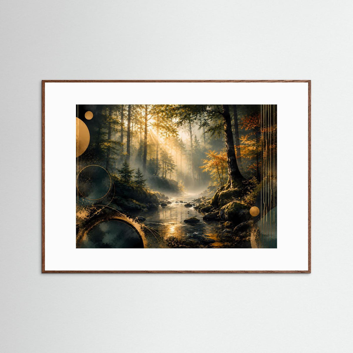 Querformat-Poster im braunem Rahmen mit Waldlandschaft und Bach, warmes goldenes Licht