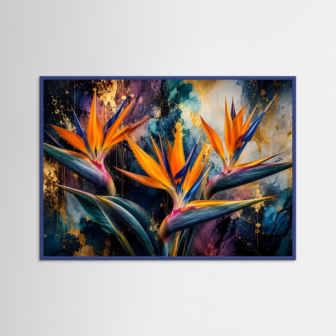 Blumenposter mit Paradiesvogelblumen, orange Blüten, goldene Sprenkel, blauer Rahmen